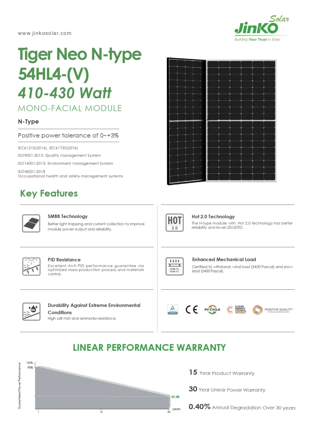 Jinko Solar Panneau Solaire  425 Watt JKM425N-54HL4-V Cadre Noir – Image 3