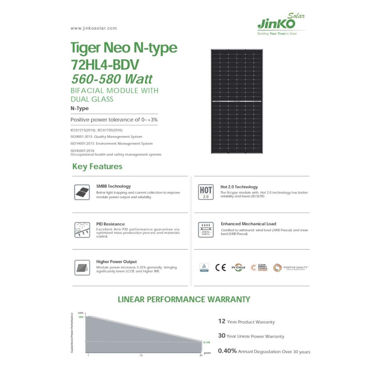 Jinko Panneau Solaire 580 Watt NEO N-TYPE 72HL4-BDV Bifacial Double Verre – Image 2